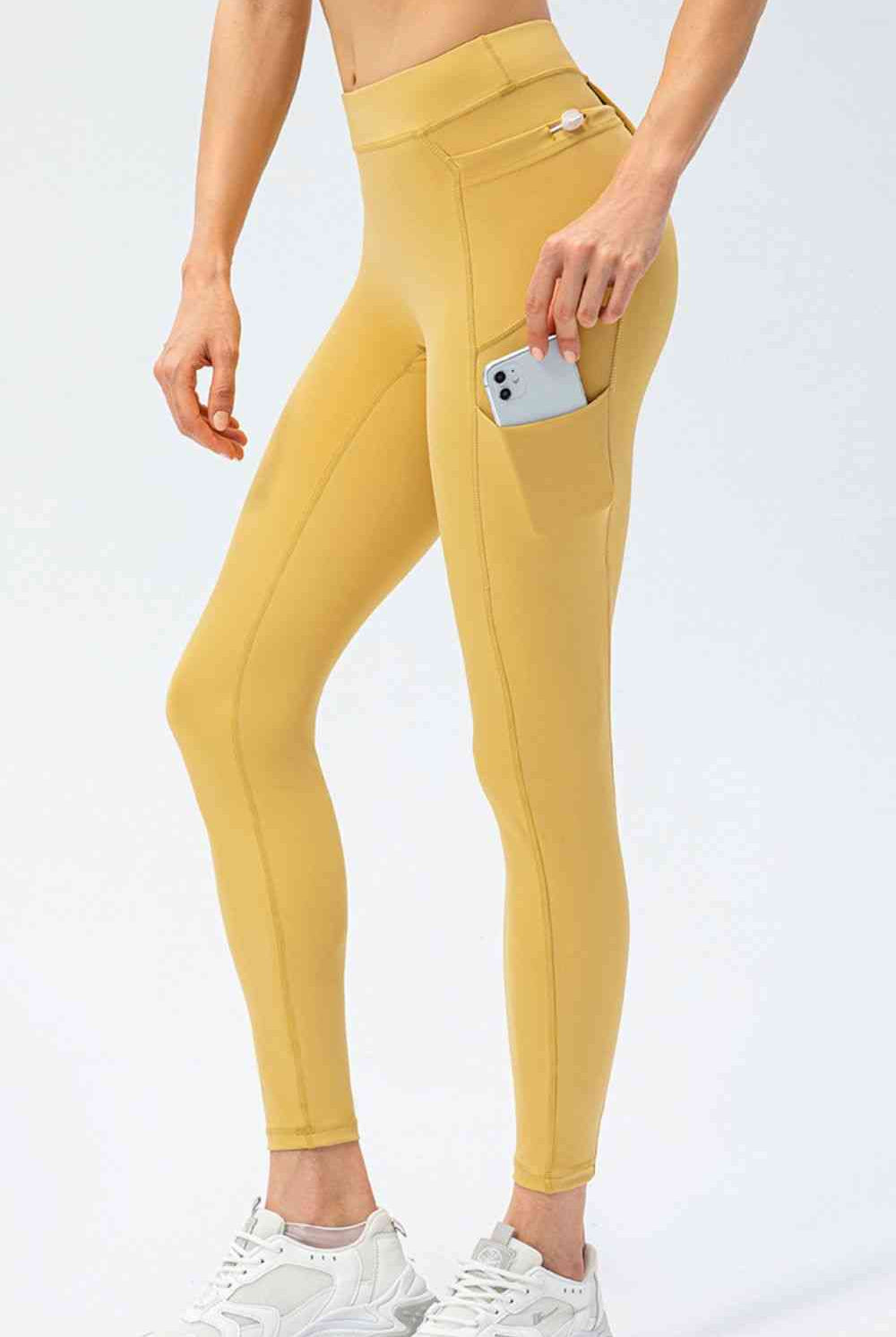 Beige Full Size Slim Fit High Waist Long Sports Pants with Pockets activewear