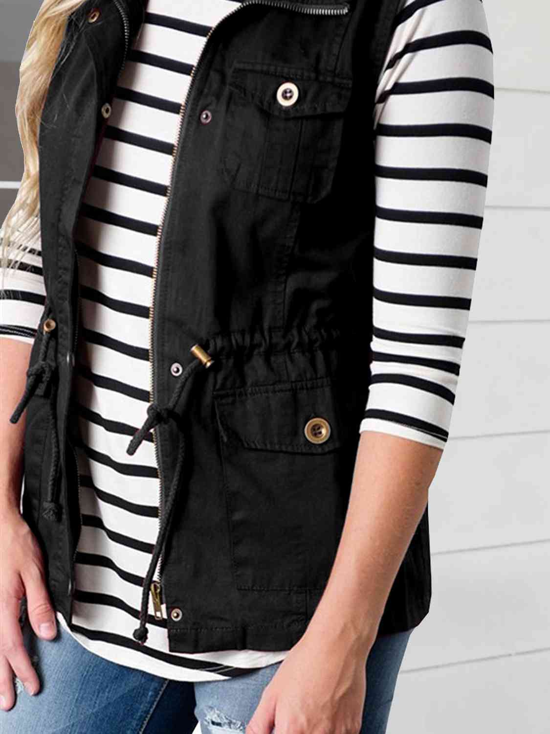 Black Drawstring Waist Vest with Pockets Winter Accessories