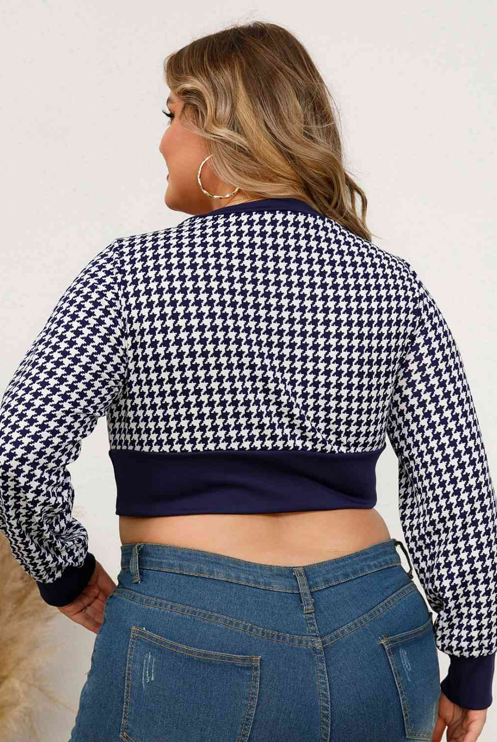 Light Gray Plus Size Houndstooth V-Neck Long Sleeve Blouse Plus Size Clothes