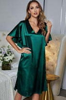 Dark Gray Satin Flutter Sleeve Side Slit V-Neck Night Dress Clothing