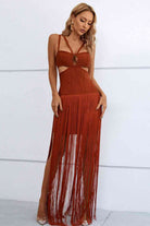 Saddle Brown Cutout Strappy Neck Fringe Dress Holiday