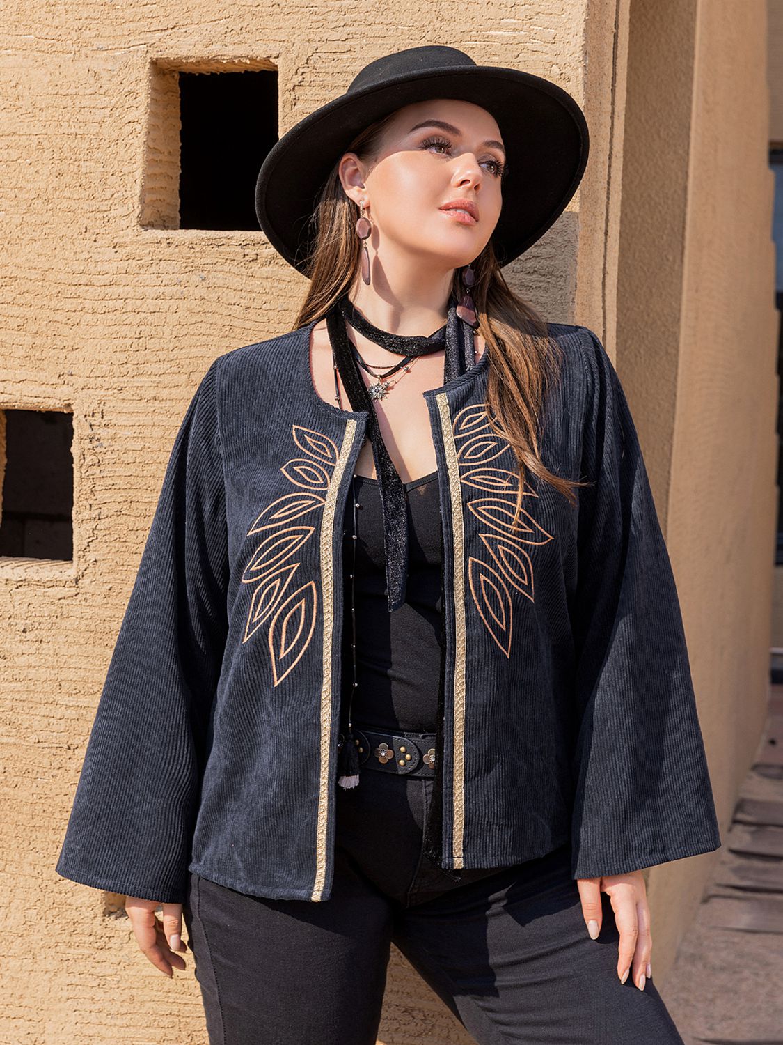 Dark Slate Gray Plus Size Embroidered Open Front Jacket Clothing