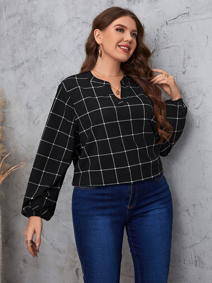 Dark Slate Gray Plus Size Notched Neck Long Sleeve Blouse Clothing