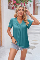 Gray Ruched V-Neck Short Sleeve Tee Tops