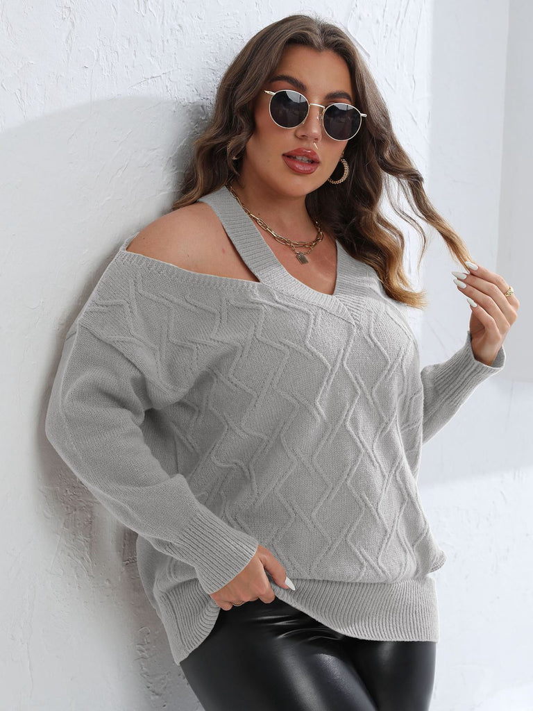 Gray Plus Size Cutout V-Neck Sweater Clothing