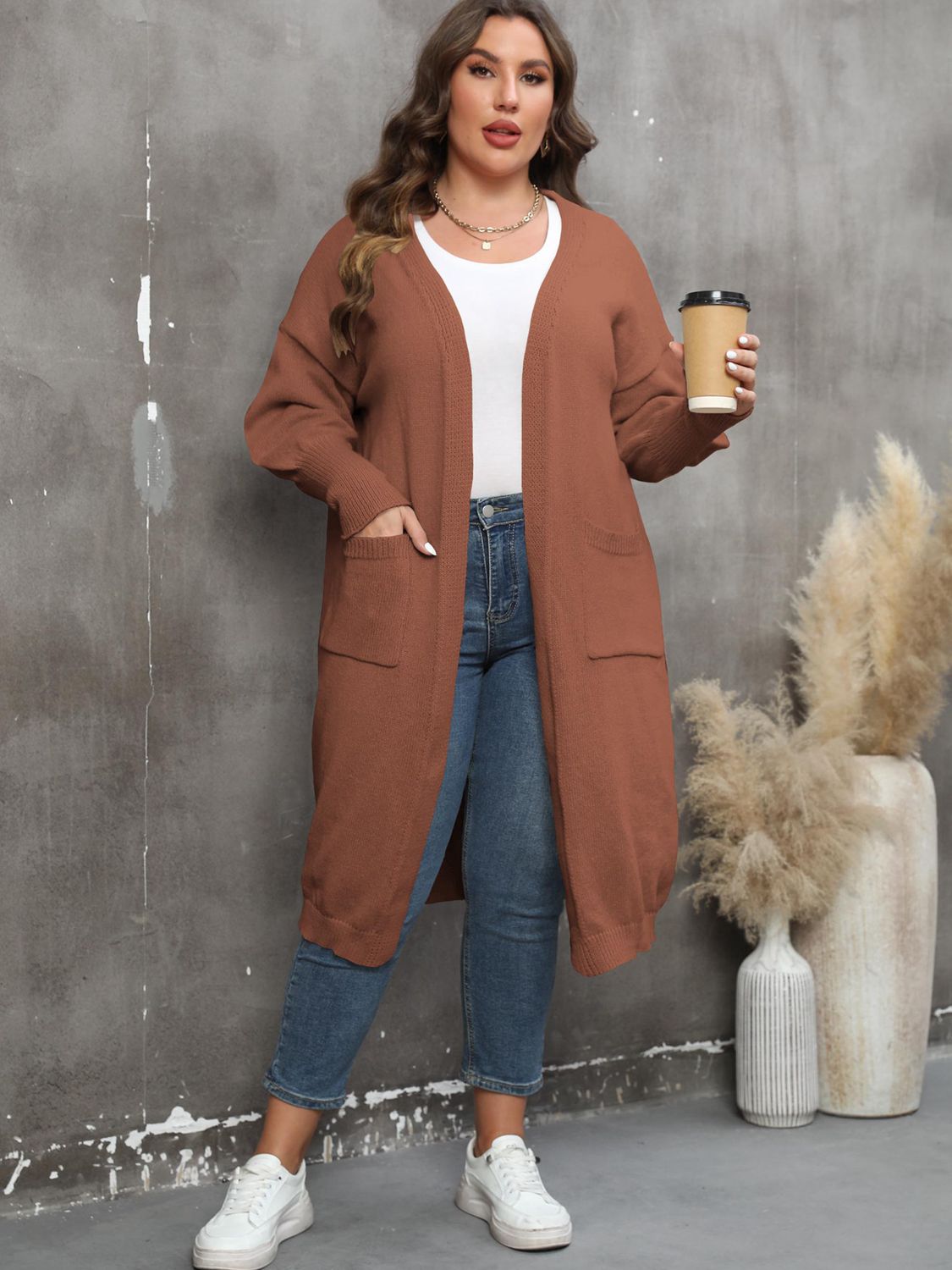 Dim Gray Plus Size Long Sleeve Pocketed Cardigan Clothing