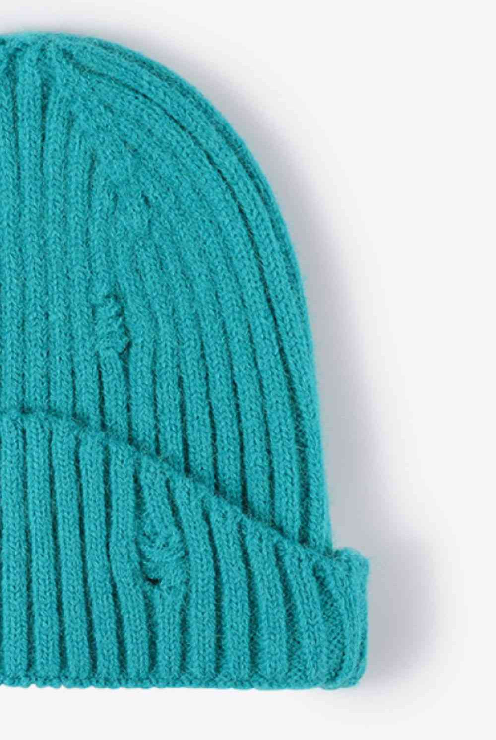 Light Sea Green Distressed Rib-Knit Beanie Winter Accessories