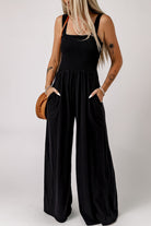 Black Walk Humbly Smocked Square Neck Wide Leg Jumpsuit with Pockets Jumpsuits & Rompers