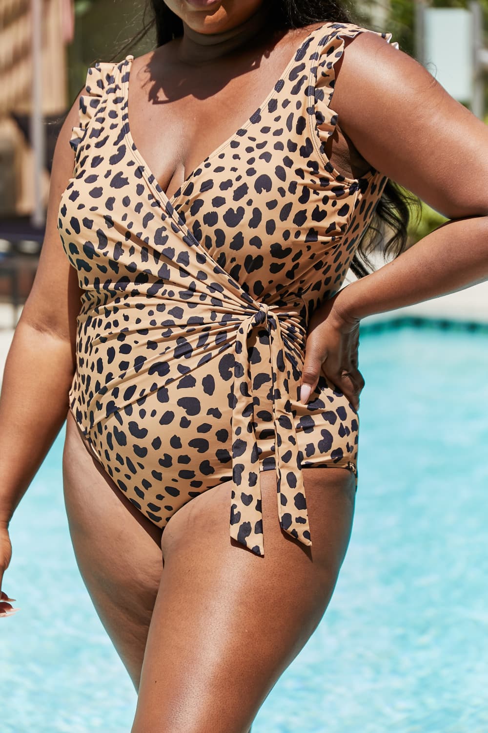 Rosy Brown Float On Ruffle Faux Wrap One-Piece in Leopard Swimwear