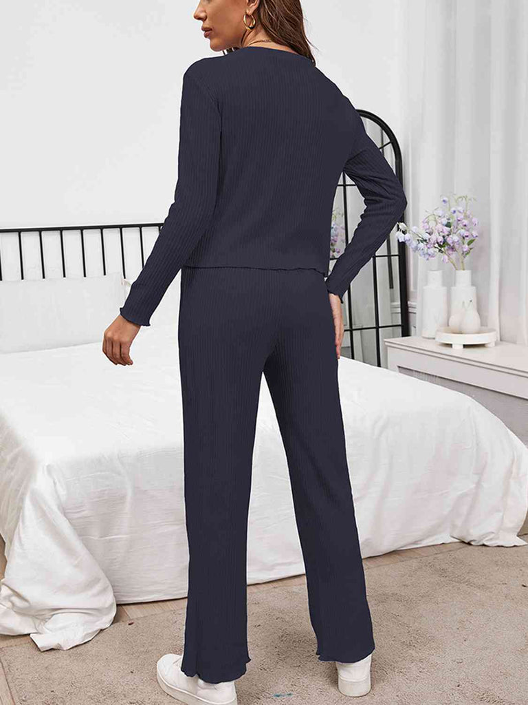 Dark Slate Gray Round Neck Long Sleeve Top and Drawstring Pants Lounge Set Loungewear