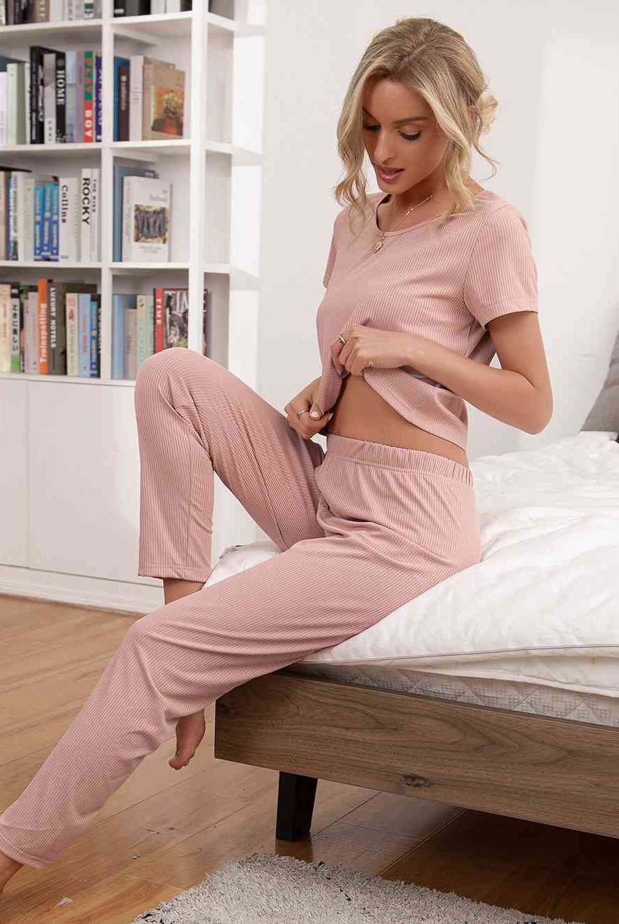 Gray In Love Round Neck Short Sleeve Top and Pants Lounge Set Loungewear