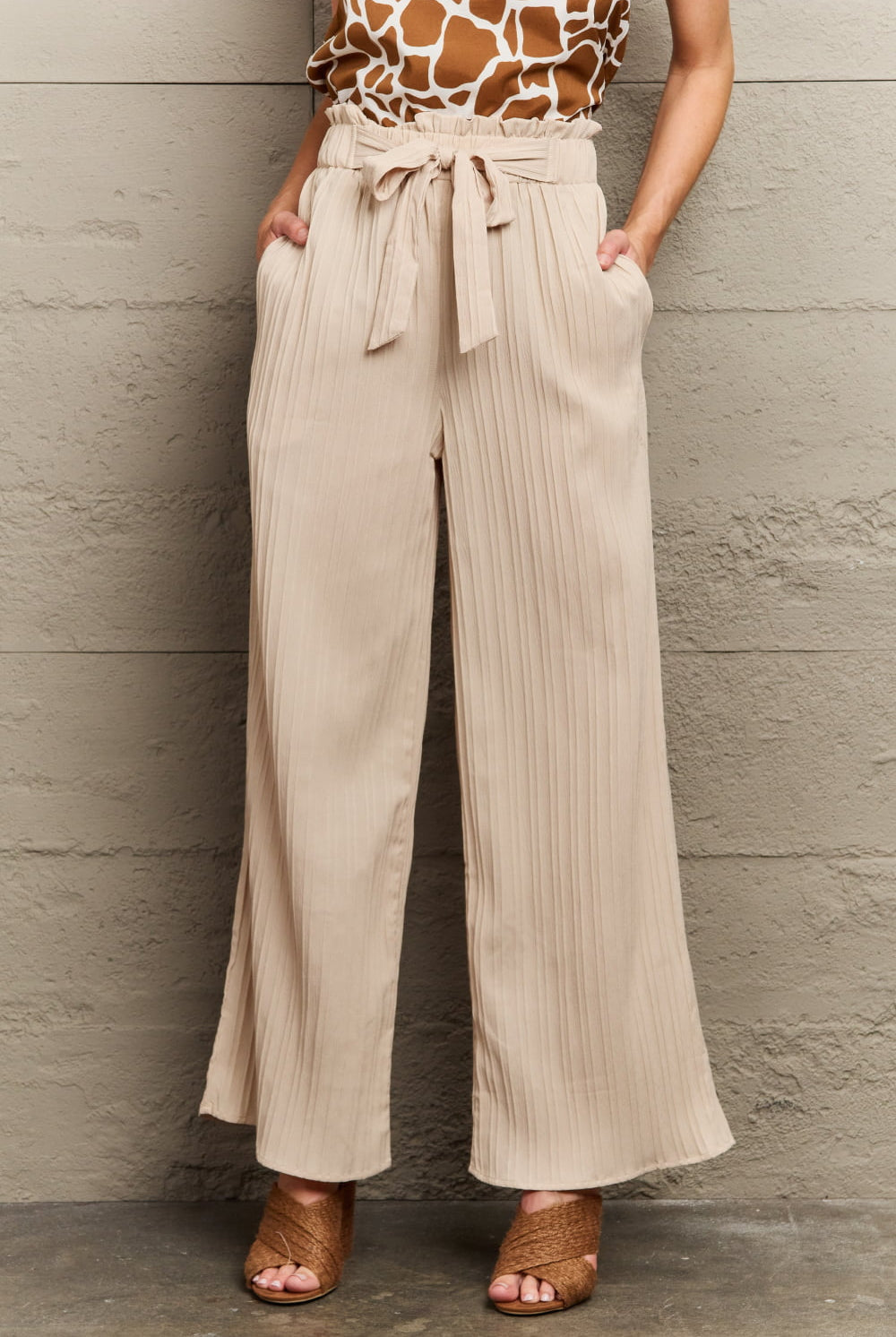 Rosy Brown Tie Waist Long Pants Clothing