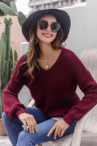 Dark Slate Gray Groovy Gal V-Neck Ribbed Knit Sweater Sweaters
