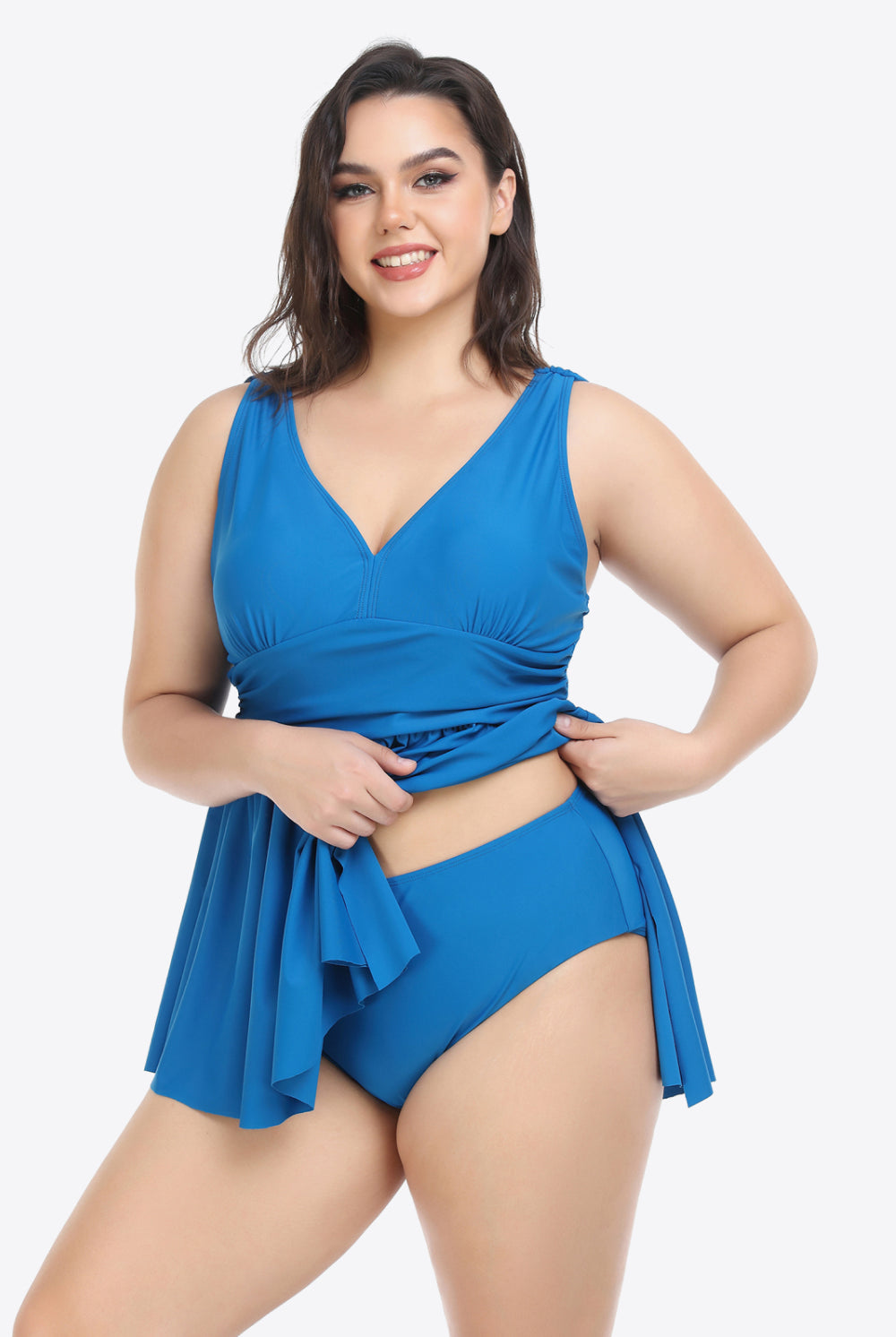 Steel Blue Plus Size Plunge Sleeveless Two-Piece Swimsuit Plus Size Clothes
