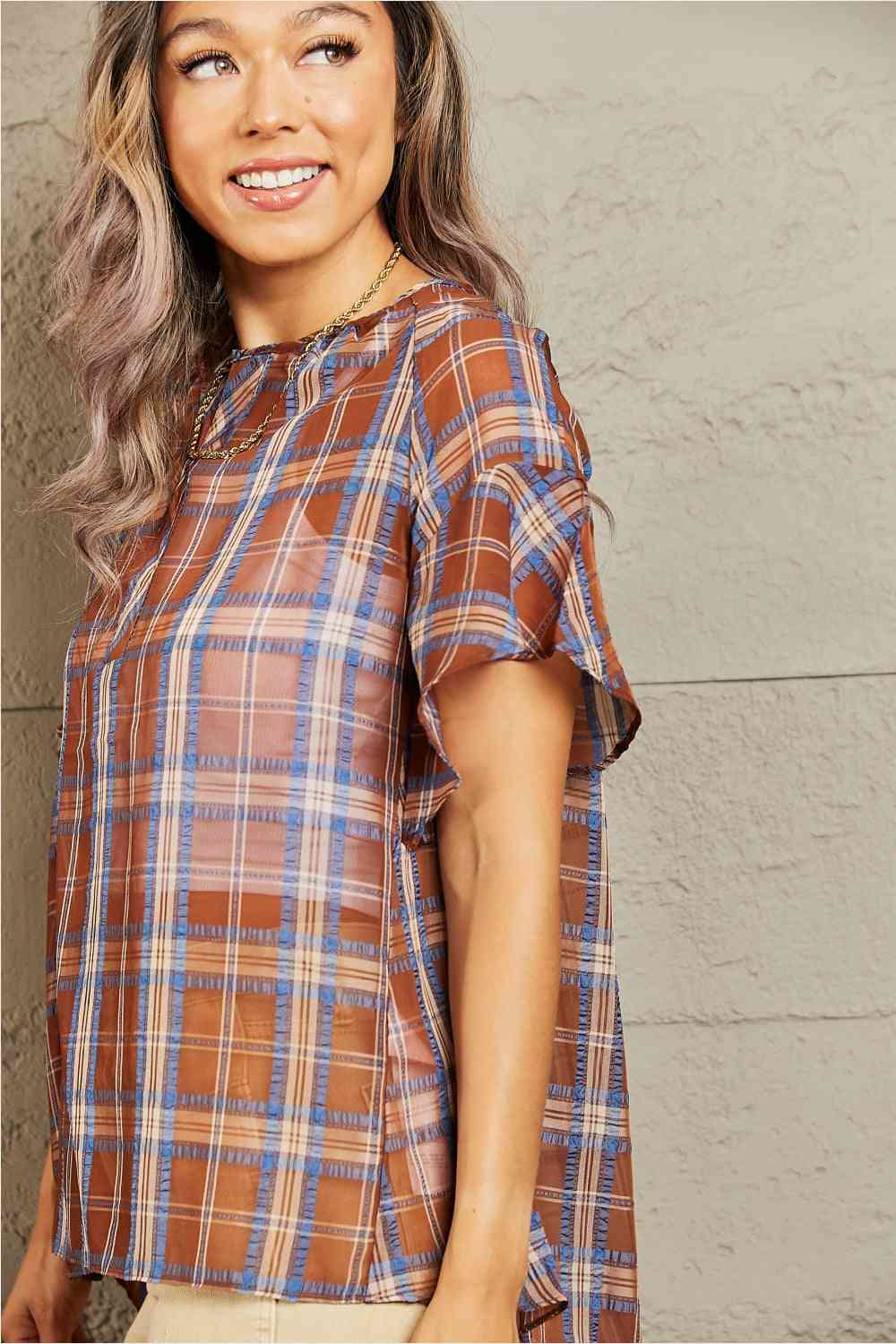 Rosy Brown Petal Dew For You Short Sleeve Plaid Top Clothing