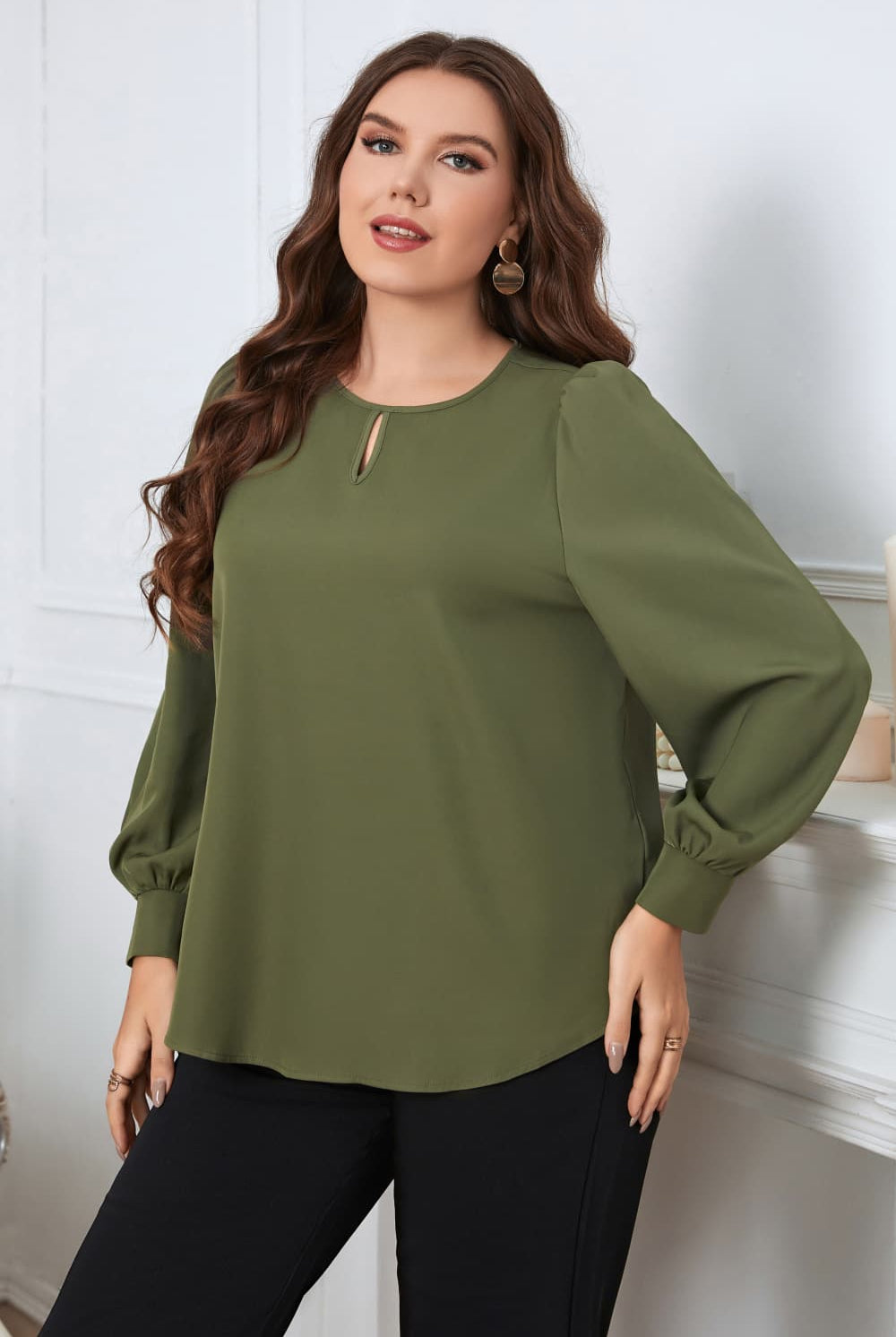 Dark Olive Green Supplying The Demand Plus Size Round Neck Long Sleeve Blouse Plus Size Tops