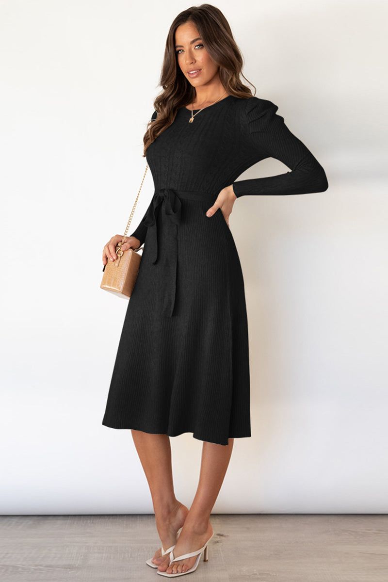 Black Round Neck Long Sleeve Tie Waist Sweater Dress Clothing