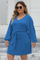 Dark Slate Blue Plus Size Ribbed Tie Front Long Sleeve Sweater Dress Plus Size Clothing