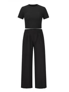 Black Round Neck Short Sleeve Top and Pocketed Pants Set