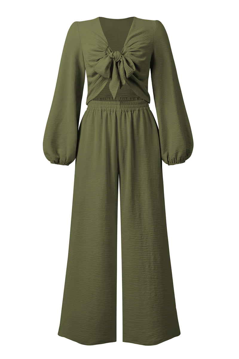 Dark Olive Green Cutout Long Sleeve Top and Wide Leg Pants Set Clothing