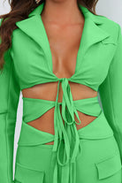 Medium Sea Green More Everyday Cutout Tied Blazer and Skirt Set Outfit Sets
