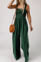 Dark Slate Gray Walk Humbly Smocked Square Neck Wide Leg Jumpsuit with Pockets Jumpsuits & Rompers