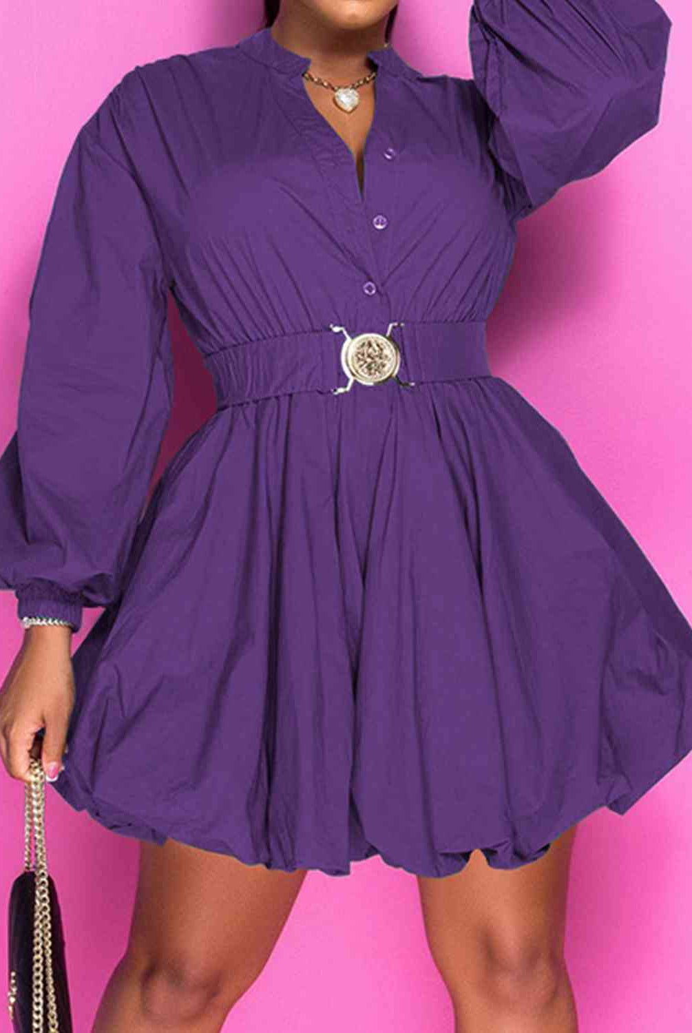 Dark Slate Blue Notched Button Up Balloon Sleeves Dress Plus Size Clothes