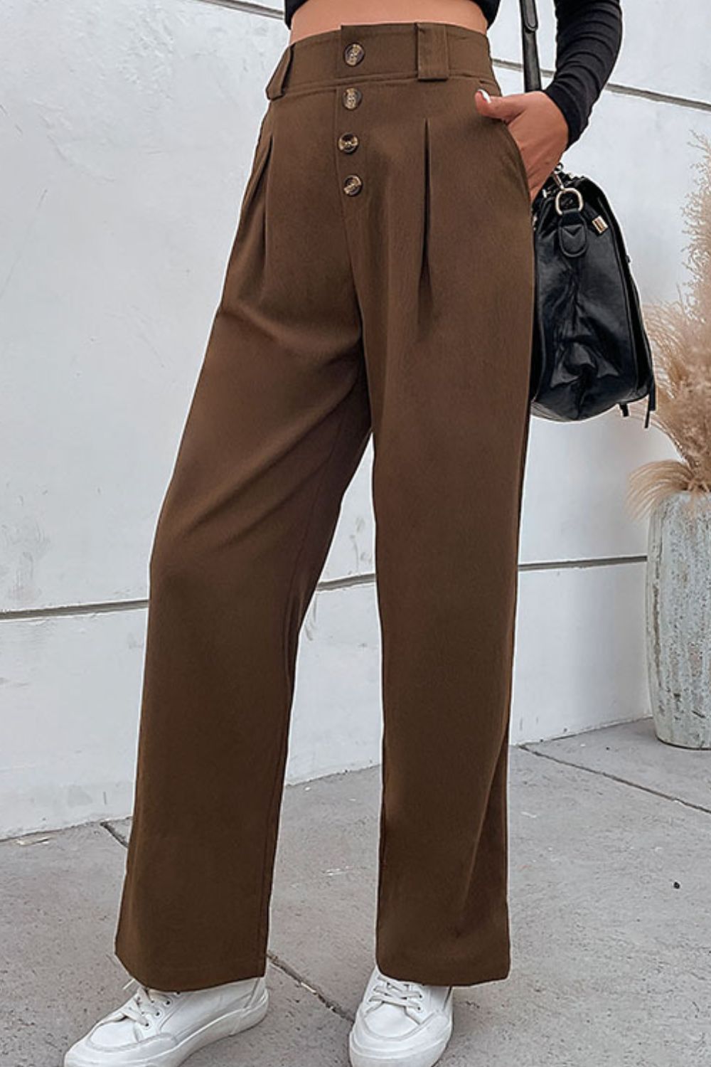 Gray It's Never Too Late Button-Fly Pleated Waist Wide Leg Pants with Pockets Pants