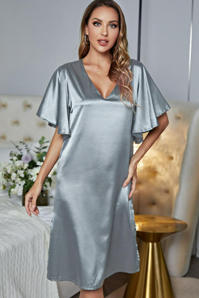Dark Gray Satin Flutter Sleeve Side Slit V-Neck Night Dress Clothing