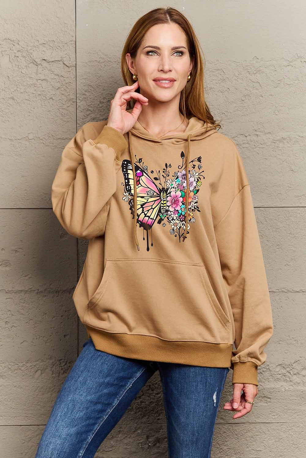 Rosy Brown Simply Love Simply Love Full Size Butterfly Graphic Dropped Shoulder Hoodie Sweatshirts