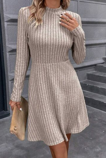 Slate Gray Decorative Button Mock Neck Long Sleeve Sweater Dress Capsule