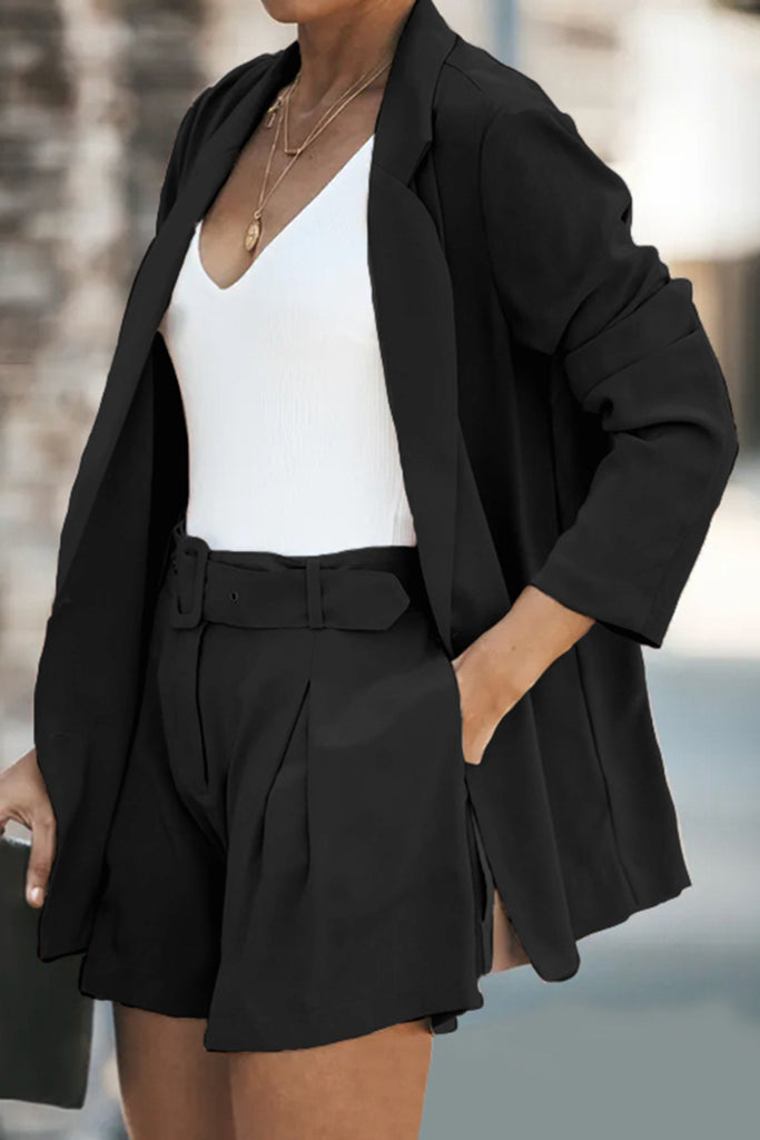 Gray Longline Blazer and Shorts Set with Pockets Outfit Sets