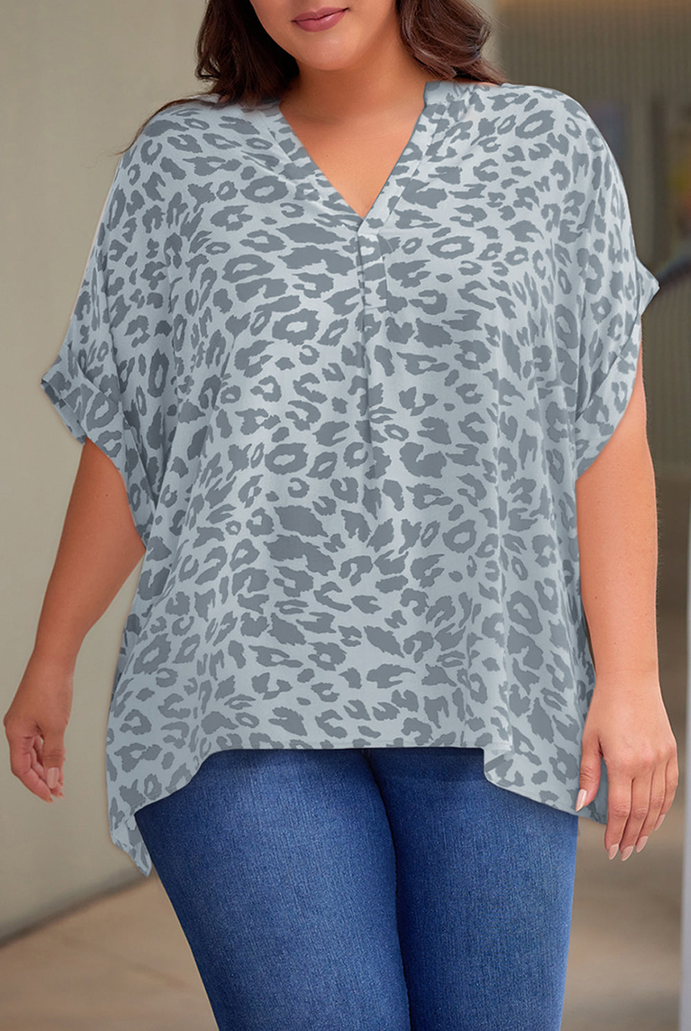 Light Slate Gray Plus Size Printed Notched Neck Half Sleeve Top Tops