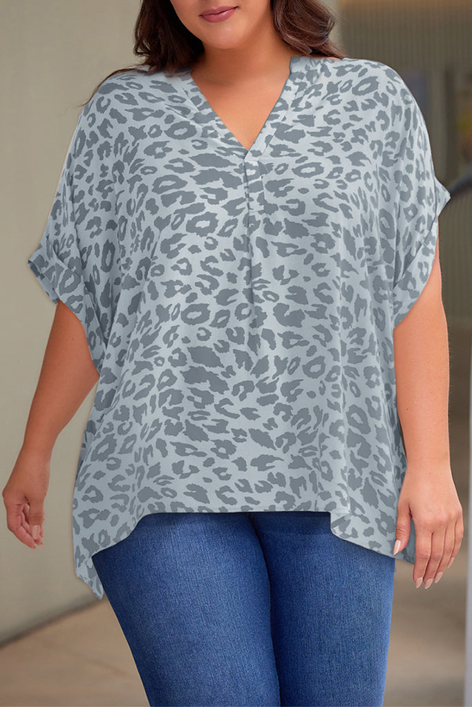 Light Slate Gray Plus Size Printed Notched Neck Half Sleeve Top Tops