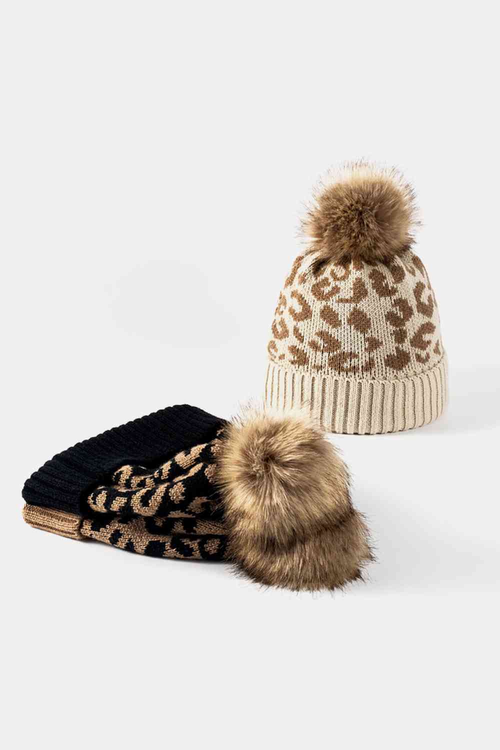 Beige Leopard Pom-Pom Cuffed Beanie Winter Accessories