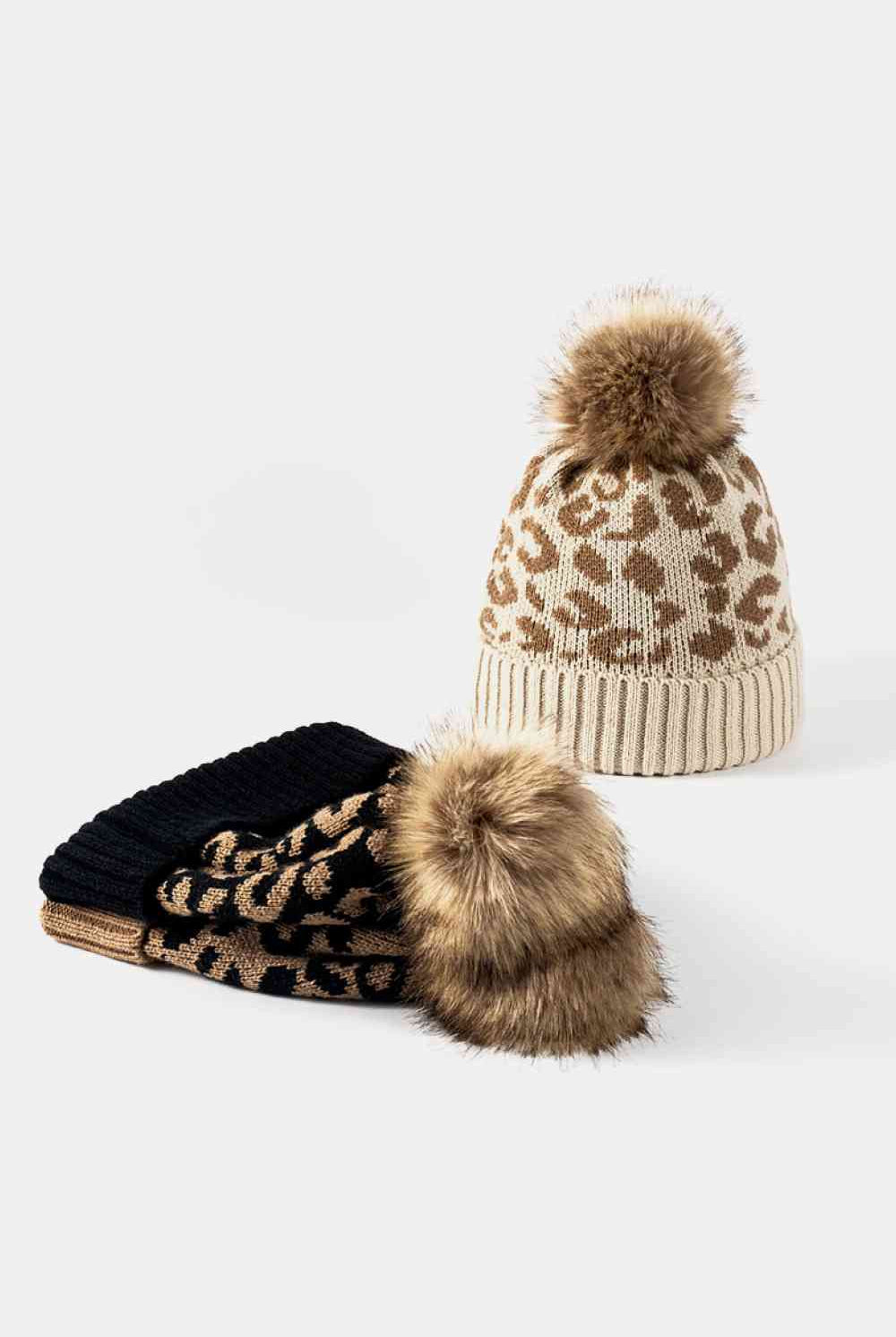 Beige Leopard Pom-Pom Cuffed Beanie Winter Accessories