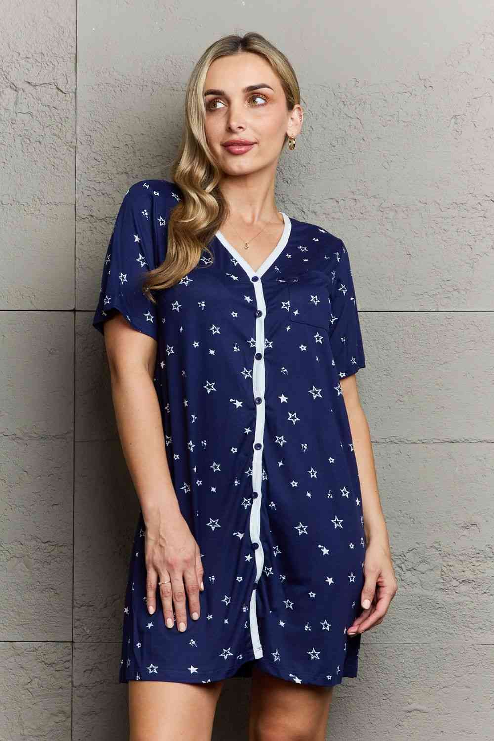 Dark Gray MOON NITE Quilted Quivers Button Down Sleepwear Dress Clothing