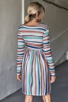 Dim Gray Striped Round Neck Long Sleeve Tee Dress
