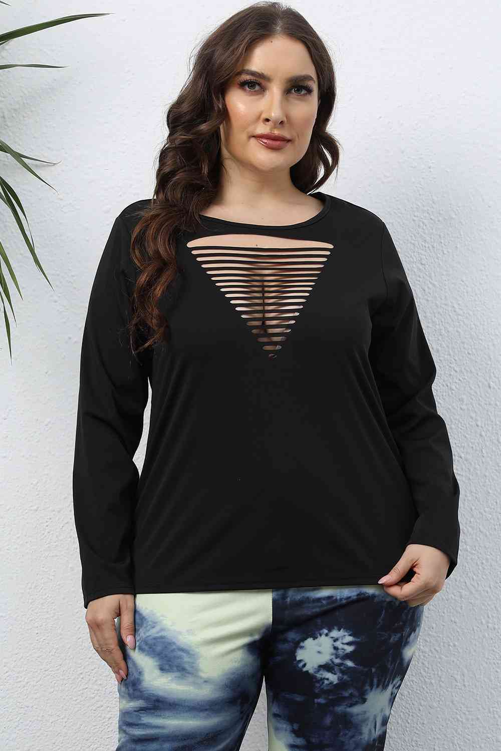 Black Plus Size Cutout Front Long Sleeve T-Shirt Plus Size Clothes