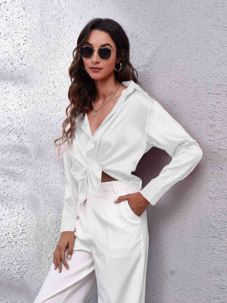 Light Gray Collared Neck Buttoned Long Sleeve Shirt Plus Size Clothes