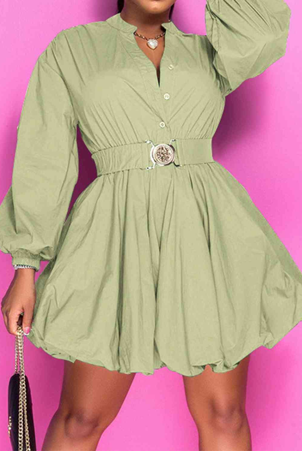 Tan Notched Button Up Balloon Sleeves Dress Plus Size Clothes