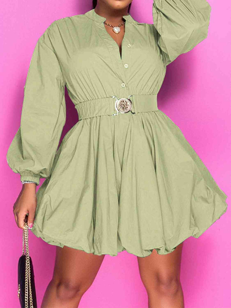 Tan Notched Button Up Balloon Sleeves Dress Plus Size Clothes