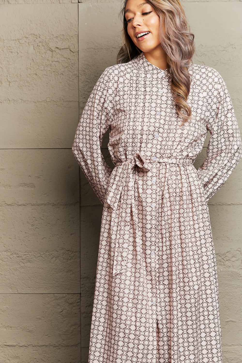 Rosy Brown Printed Tie Waist Long Sleeve Dress Clothing