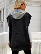 Black Hooded Sleeveless Denim Top with Pockets Denim