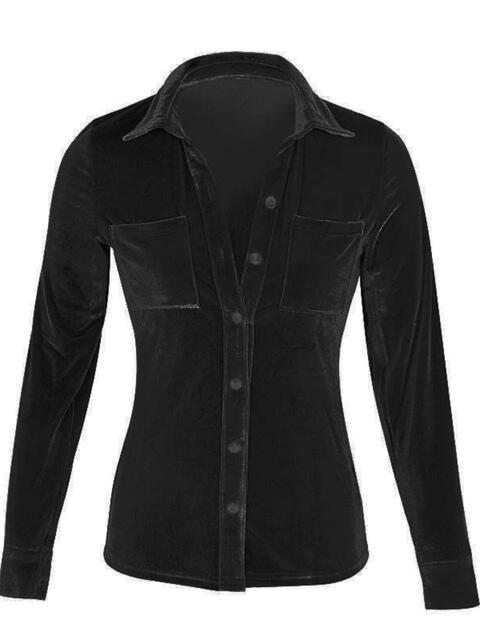 Black Button Up Collared Shirt with Breast Pockets Holiday