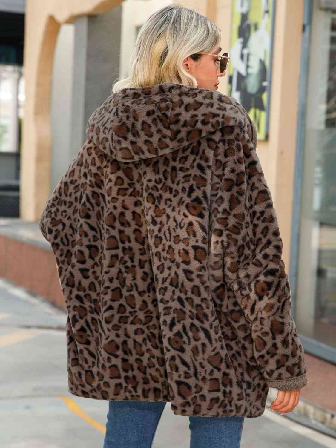 Dim Gray Leopard Hooded Coat with Pockets Trends