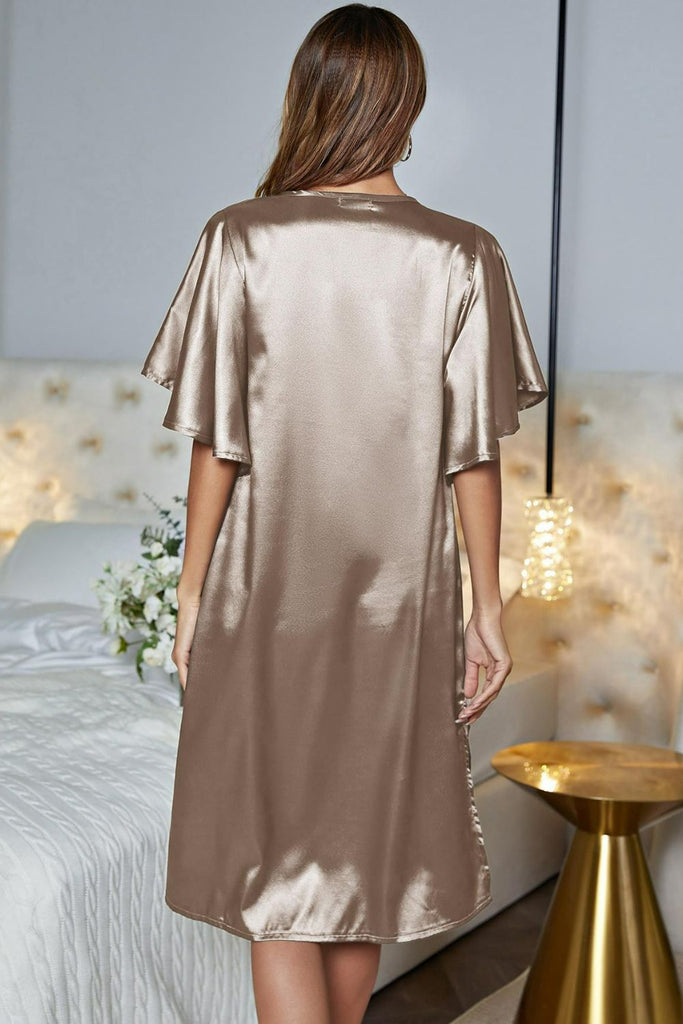 Dark Gray Satin Flutter Sleeve Side Slit V-Neck Night Dress Clothing
