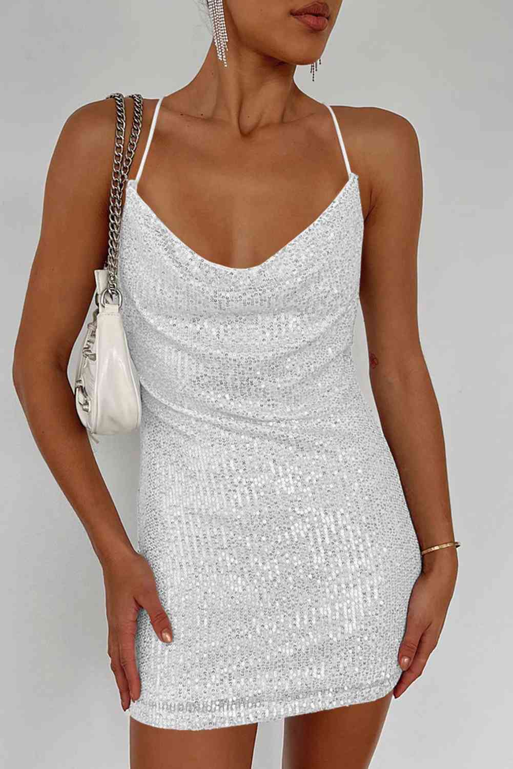 Gray Center Of Attention Cowl Neck Contrast Sequin Sleeveless Mini Dress Mini Dress