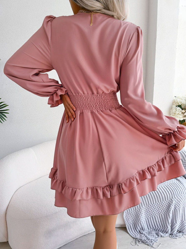 Rosy Brown Make You Happy Tie Front Smocked Waist Flounce Sleeve Dress Casual Dresses