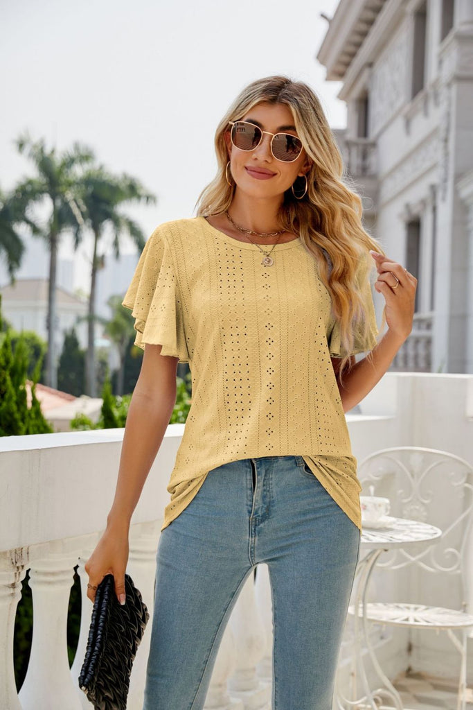 Gray Eyelet Flutter Sleeve Round Neck Top Tops